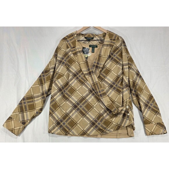 Ralph Lauren Womens Wrap Top Brown Plaid 2 Piece Set Beige Tank Plus Size 2X - Picture 1 of 13